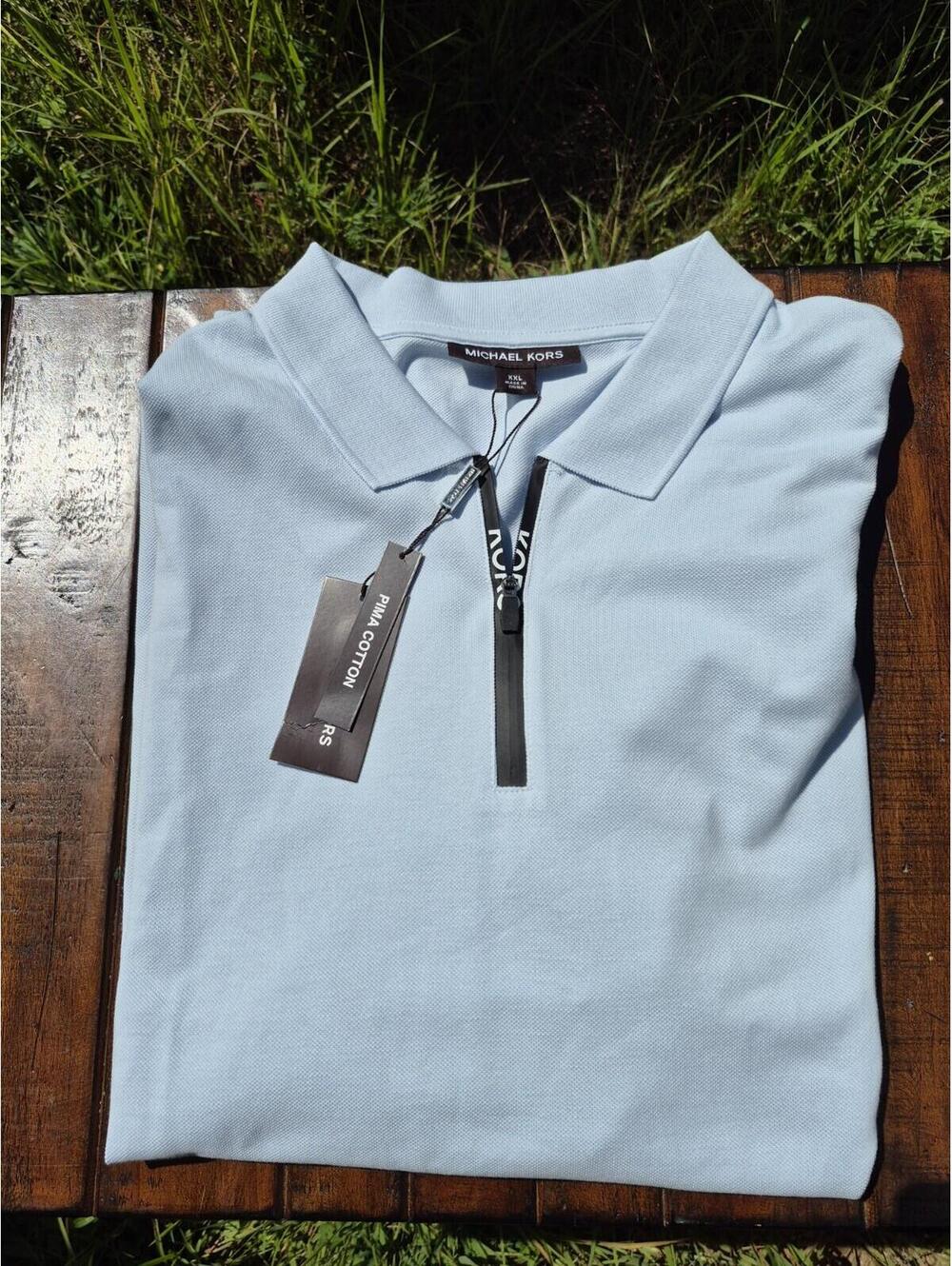 MICHAEL KORS Zip Pastel Blue Polo Shirt NEW 2XL XXL MSRP $118 - Pin hole on back